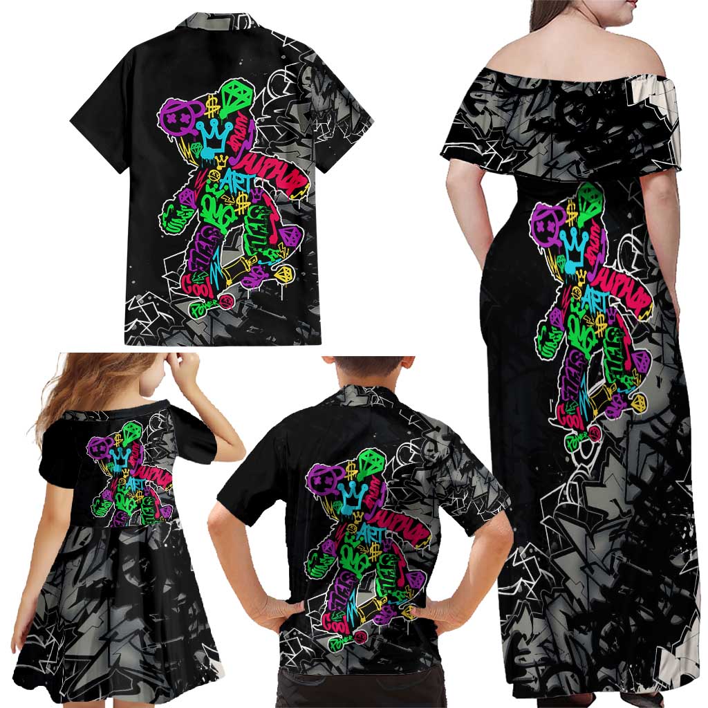 Teddy Bear Hip Hop Graffiti Street Art Family Matching Off Shoulder Maxi Dress and Hawaiian Shirt Crown Shades and Colorful Spray Paint Design - Wonder Print Shop