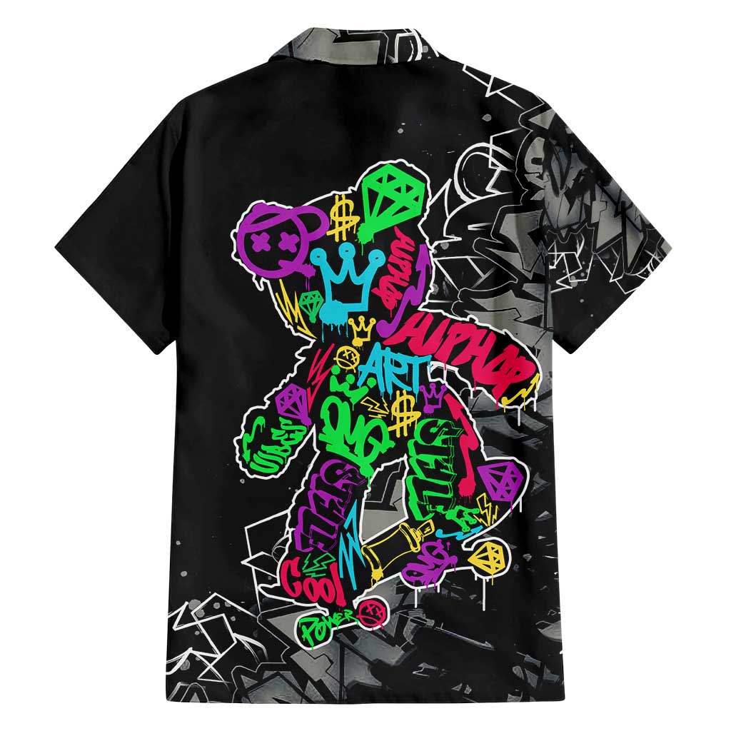Teddy Bear Hip Hop Graffiti Street Art Family Matching Off Shoulder Maxi Dress and Hawaiian Shirt Crown Shades and Colorful Spray Paint Design - Wonder Print Shop