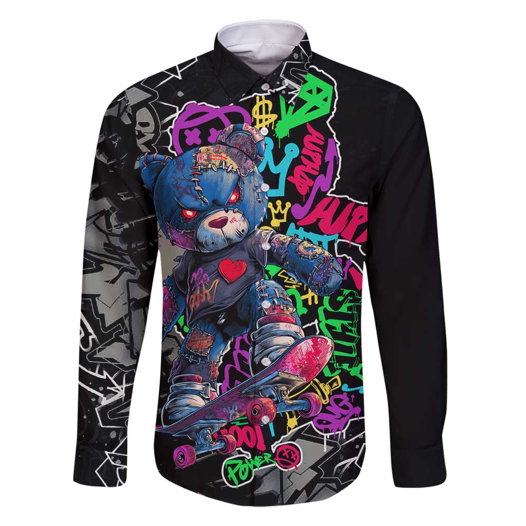 Teddy Bear Hip Hop Graffiti Street Art Family Matching Off Shoulder Maxi Dress and Hawaiian Shirt Crown Shades and Colorful Spray Paint Design - Wonder Print Shop