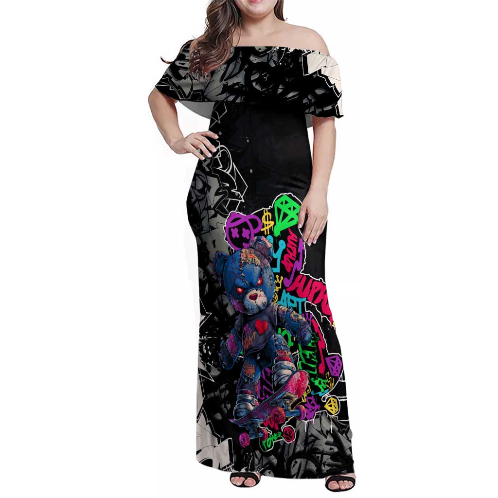 Teddy Bear Hip Hop Graffiti Street Art Family Matching Off Shoulder Maxi Dress and Hawaiian Shirt Crown Shades and Colorful Spray Paint Design - Wonder Print Shop