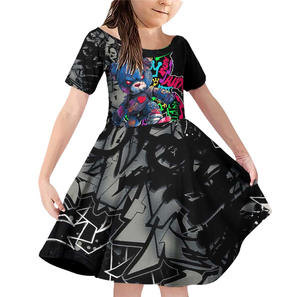 Teddy Bear Hip Hop Graffiti Street Art Family Matching Off Shoulder Short Dress and Hawaiian Shirt Crown Shades and Colorful Spray Paint Design - Wonder Print Shop