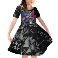 Teddy Bear Hip Hop Graffiti Street Art Family Matching Off Shoulder Short Dress and Hawaiian Shirt Crown Shades and Colorful Spray Paint Design - Wonder Print Shop