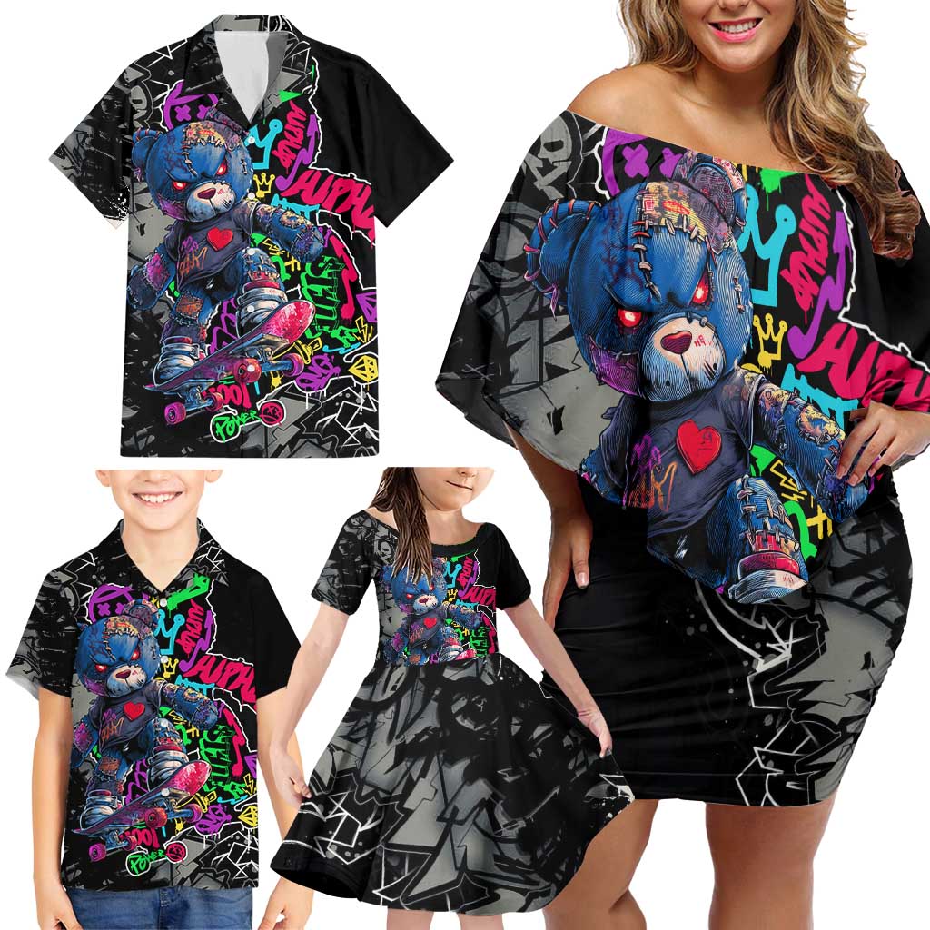 Teddy Bear Hip Hop Graffiti Street Art Family Matching Off Shoulder Short Dress and Hawaiian Shirt Crown Shades and Colorful Spray Paint Design - Wonder Print Shop