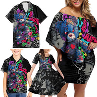 Teddy Bear Hip Hop Graffiti Street Art Family Matching Off Shoulder Short Dress and Hawaiian Shirt Crown Shades and Colorful Spray Paint Design - Wonder Print Shop