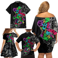 Teddy Bear Hip Hop Graffiti Street Art Family Matching Off Shoulder Short Dress and Hawaiian Shirt Crown Shades and Colorful Spray Paint Design - Wonder Print Shop