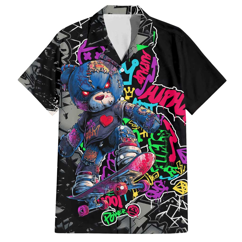 Teddy Bear Hip Hop Graffiti Street Art Family Matching Off Shoulder Short Dress and Hawaiian Shirt Crown Shades and Colorful Spray Paint Design - Wonder Print Shop