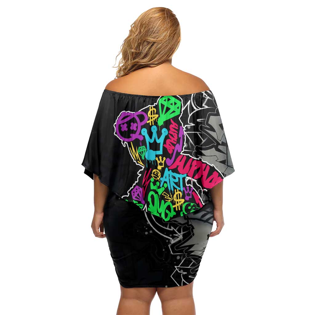 Teddy Bear Hip Hop Graffiti Street Art Family Matching Off Shoulder Short Dress and Hawaiian Shirt Crown Shades and Colorful Spray Paint Design - Wonder Print Shop