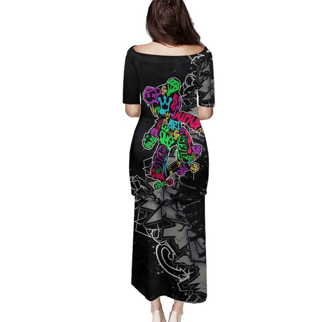 Teddy Bear Hip Hop Graffiti Street Art Family Matching Puletasi and Hawaiian Shirt Crown Shades and Colorful Spray Paint Design - Wonder Print Shop