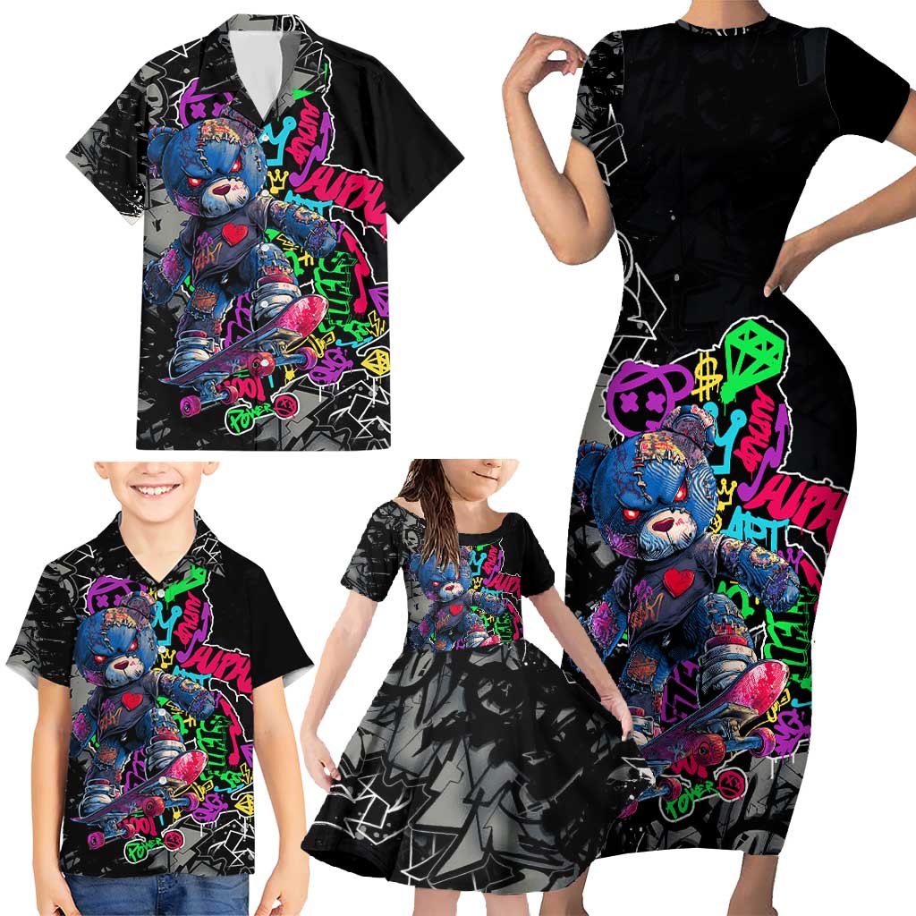 Teddy Bear Hip Hop Graffiti Street Art Family Matching Short Sleeve Bodycon Dress and Hawaiian Shirt Crown Shades and Colorful Spray Paint Design - Wonder Print Shop