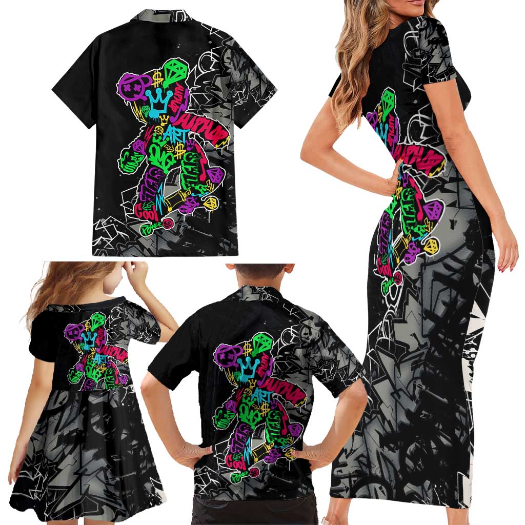 Teddy Bear Hip Hop Graffiti Street Art Family Matching Short Sleeve Bodycon Dress and Hawaiian Shirt Crown Shades and Colorful Spray Paint Design - Wonder Print Shop
