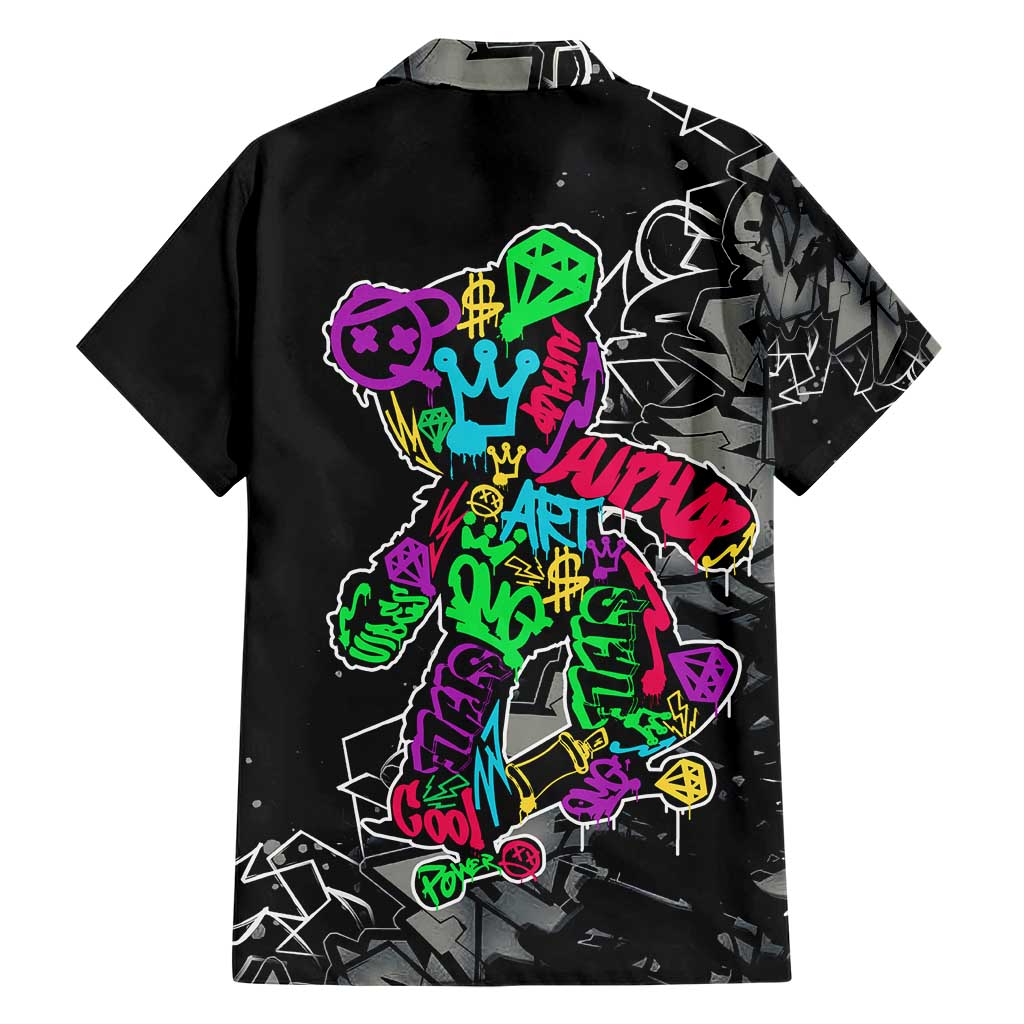 Teddy Bear Hip Hop Graffiti Street Art Family Matching Short Sleeve Bodycon Dress and Hawaiian Shirt Crown Shades and Colorful Spray Paint Design - Wonder Print Shop