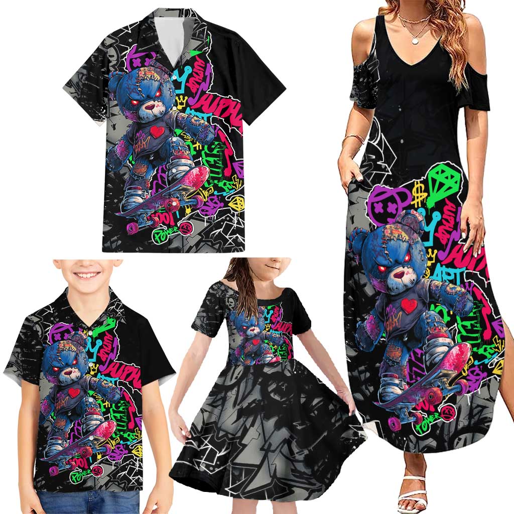 Teddy Bear Hip Hop Graffiti Street Art Family Matching Summer Maxi Dress and Hawaiian Shirt Crown Shades and Colorful Spray Paint Design - Wonder Print Shop