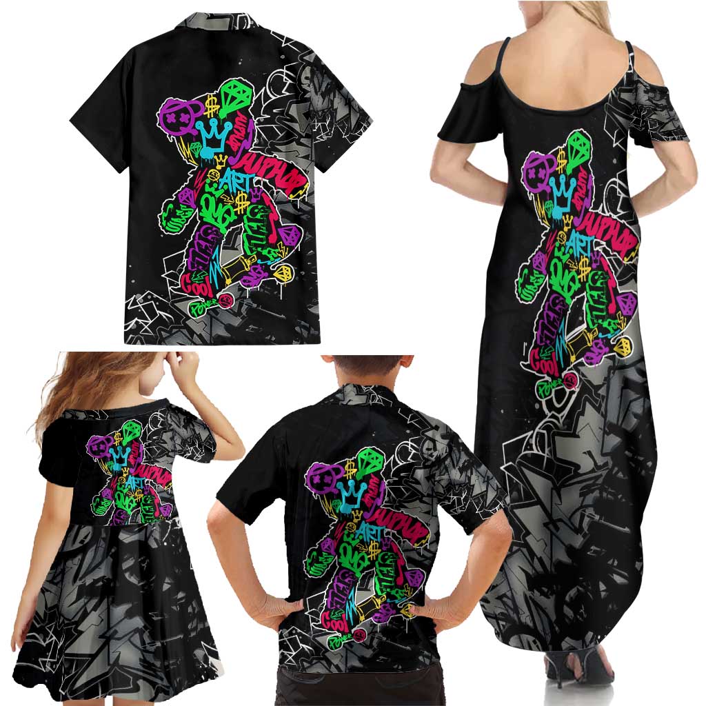 Teddy Bear Hip Hop Graffiti Street Art Family Matching Summer Maxi Dress and Hawaiian Shirt Crown Shades and Colorful Spray Paint Design - Wonder Print Shop