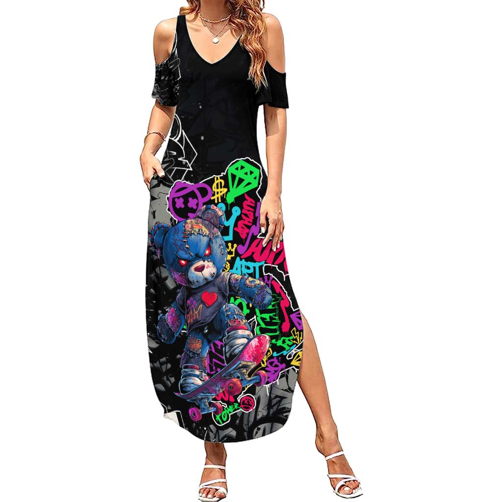 Teddy Bear Hip Hop Graffiti Street Art Family Matching Summer Maxi Dress and Hawaiian Shirt Crown Shades and Colorful Spray Paint Design - Wonder Print Shop