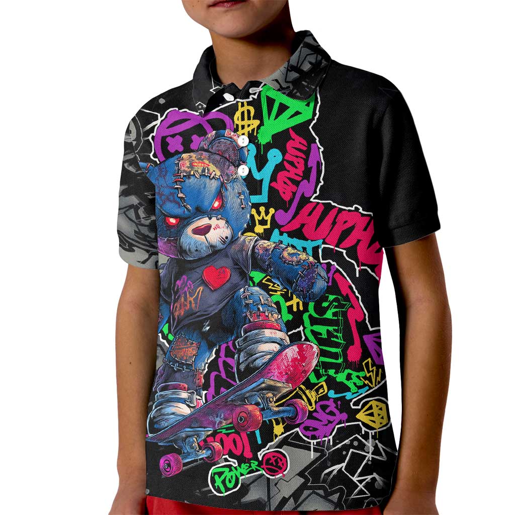 Teddy Bear Hip Hop Graffiti Street Art Kid Polo Shirt Crown Shades and Colorful Spray Paint Design - Wonder Print Shop
