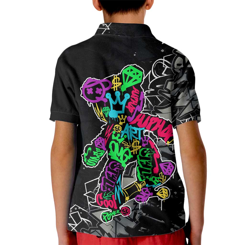 Teddy Bear Hip Hop Graffiti Street Art Kid Polo Shirt Crown Shades and Colorful Spray Paint Design - Wonder Print Shop