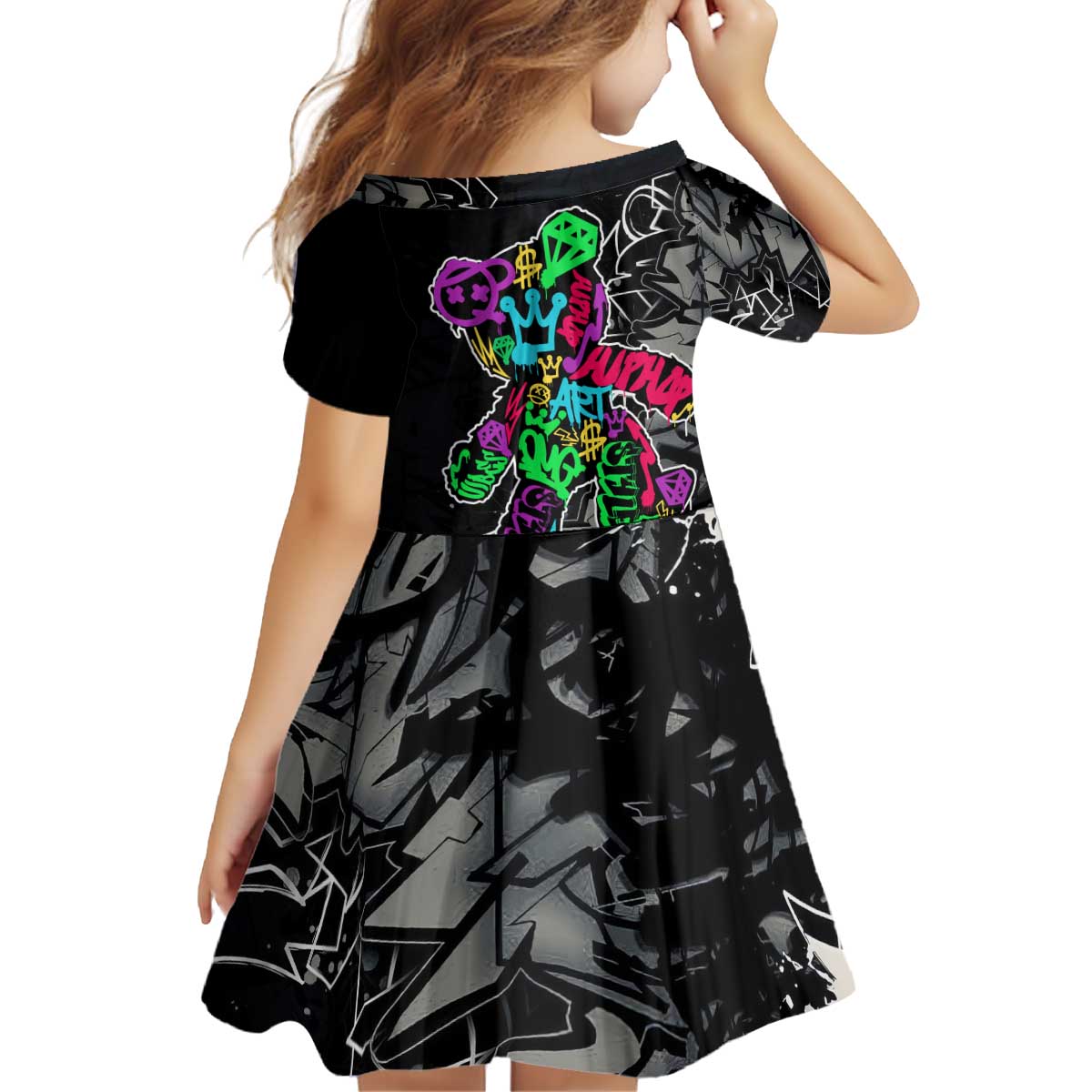 Teddy Bear Hip Hop Graffiti Street Art Kid Short Sleeve Dress Crown Shades and Colorful Spray Paint Design - Wonder Print Shop
