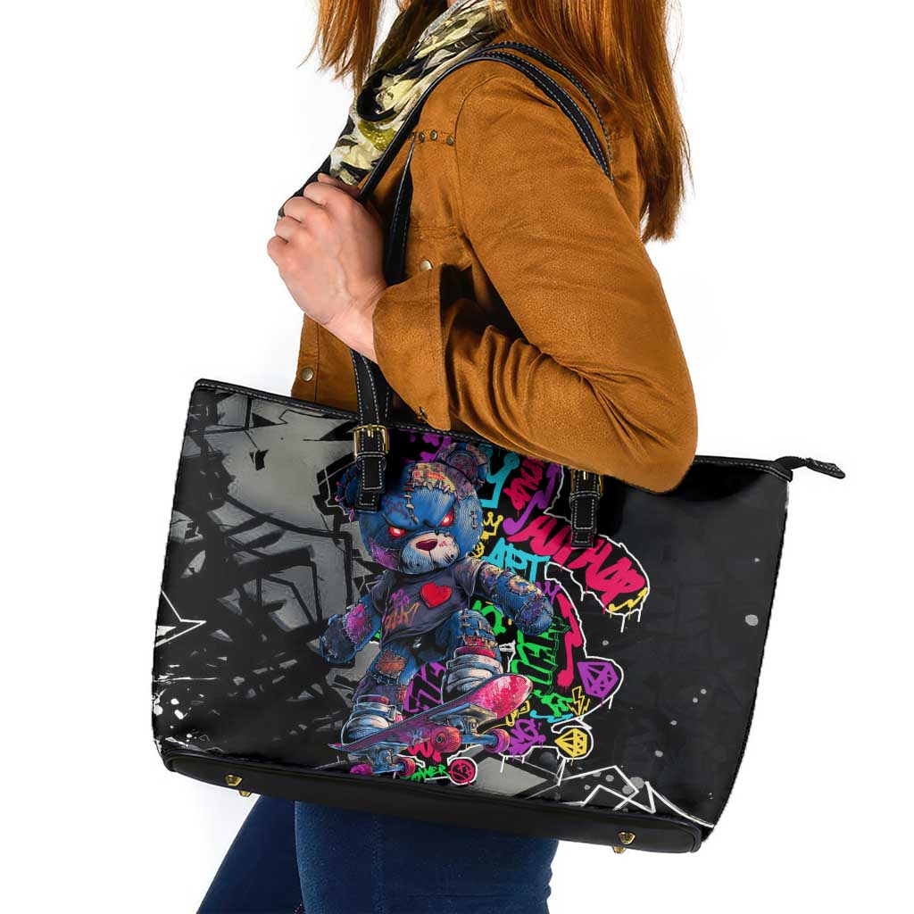 Teddy Bear Hip Hop Graffiti Street Art Leather Tote Bag Crown Shades and Colorful Spray Paint Design - Wonder Print Shop