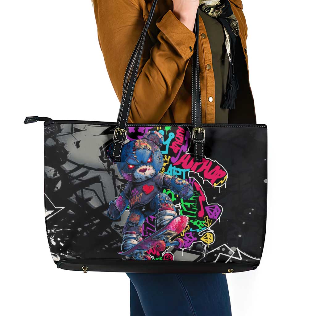 Teddy Bear Hip Hop Graffiti Street Art Leather Tote Bag Crown Shades and Colorful Spray Paint Design - Wonder Print Shop