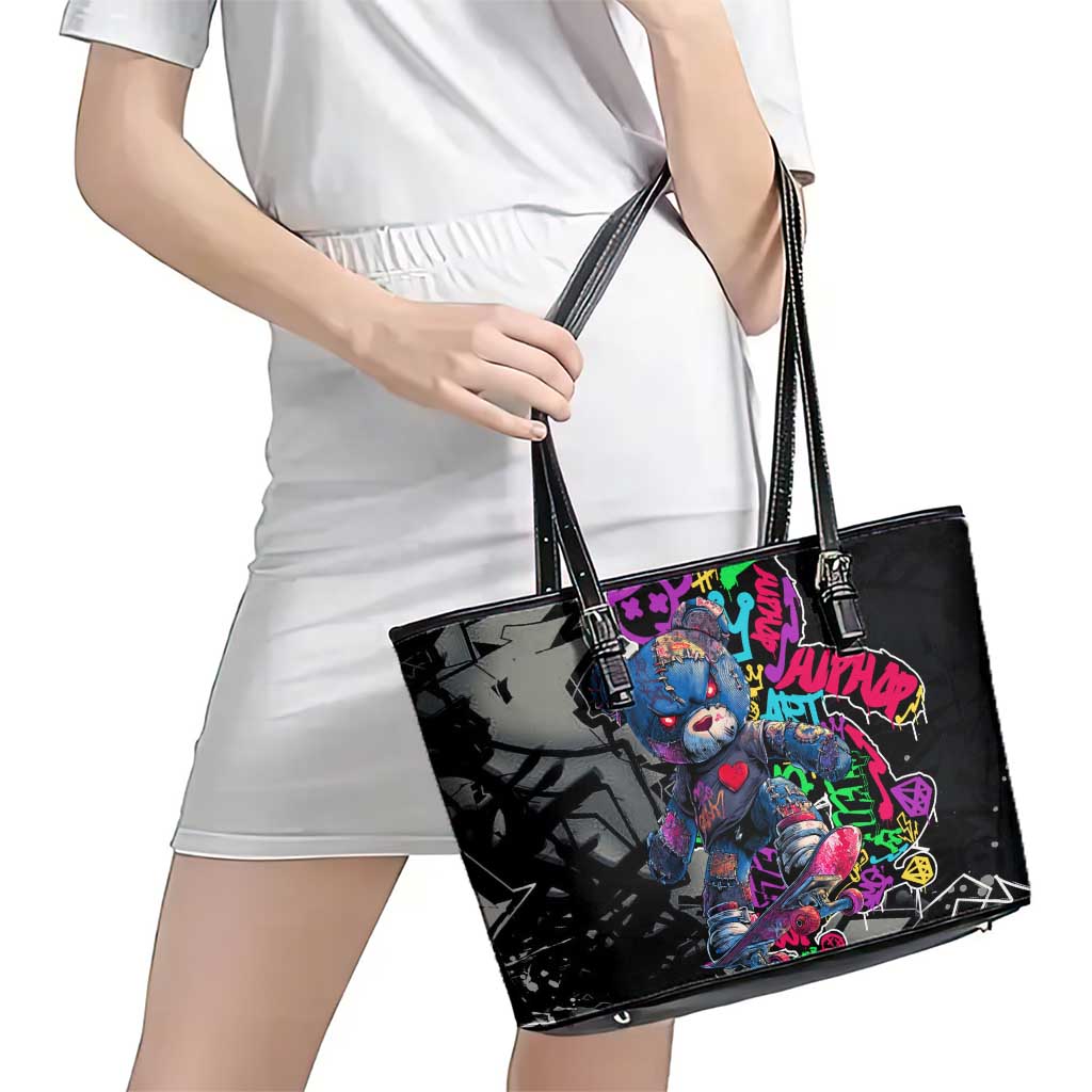 Teddy Bear Hip Hop Graffiti Street Art Leather Tote Bag Crown Shades and Colorful Spray Paint Design - Wonder Print Shop