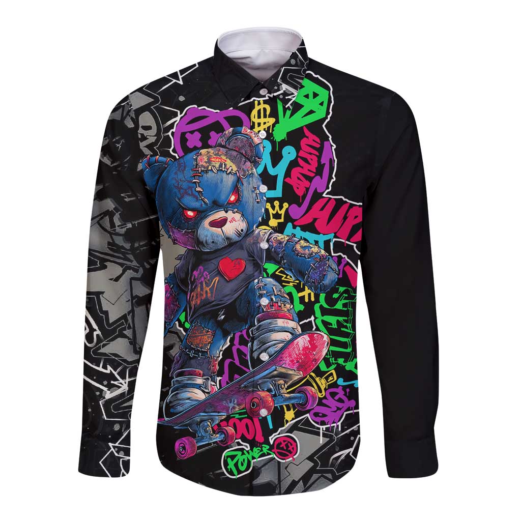 Teddy Bear Hip Hop Graffiti Street Art Long Sleeve Button Shirt Crown Shades and Colorful Spray Paint Design - Wonder Print Shop