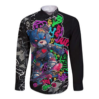 Teddy Bear Hip Hop Graffiti Street Art Long Sleeve Button Shirt Crown Shades and Colorful Spray Paint Design - Wonder Print Shop