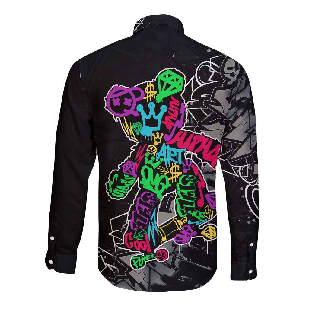 Teddy Bear Hip Hop Graffiti Street Art Long Sleeve Button Shirt Crown Shades and Colorful Spray Paint Design - Wonder Print Shop