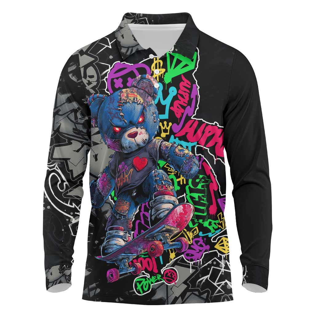 Teddy Bear Hip Hop Graffiti Street Art Long Sleeve Polo Shirt Crown Shades and Colorful Spray Paint Design - Wonder Print Shop