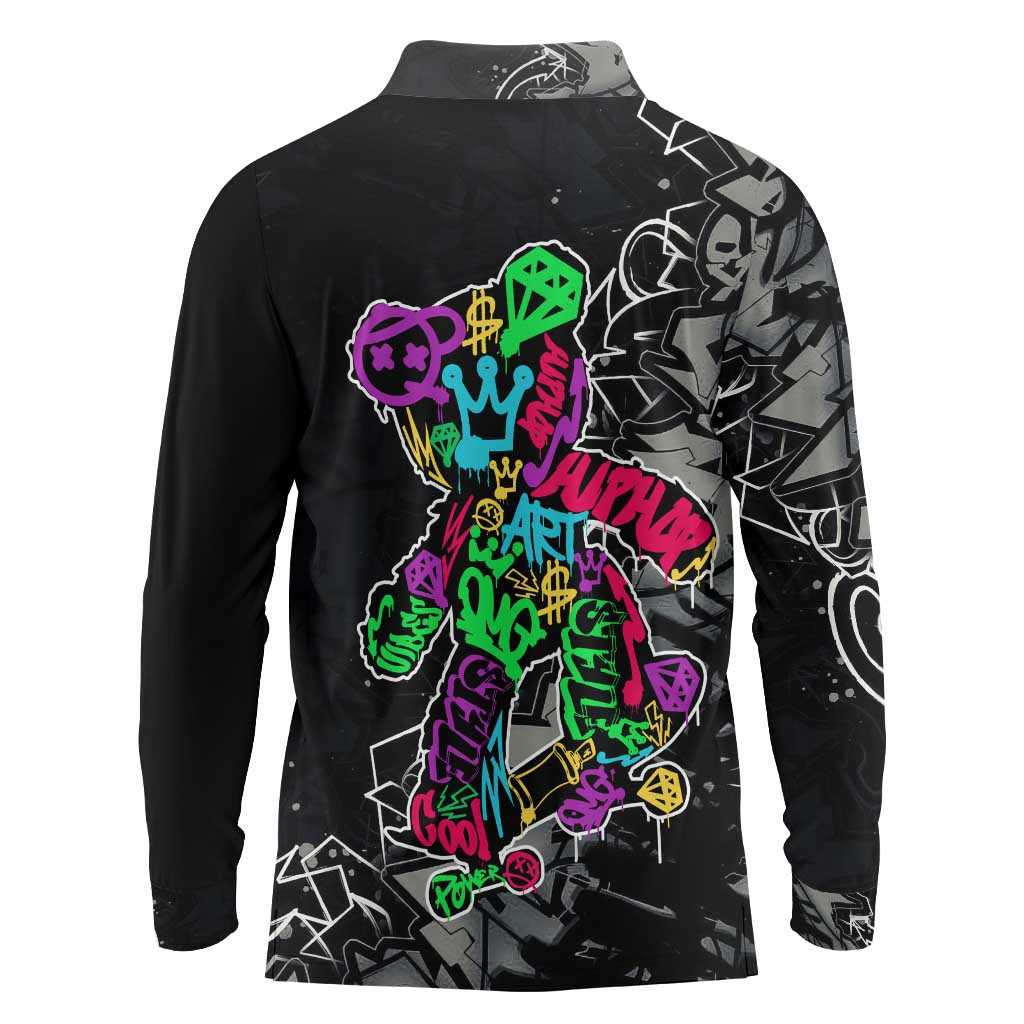 Teddy Bear Hip Hop Graffiti Street Art Long Sleeve Polo Shirt Crown Shades and Colorful Spray Paint Design - Wonder Print Shop
