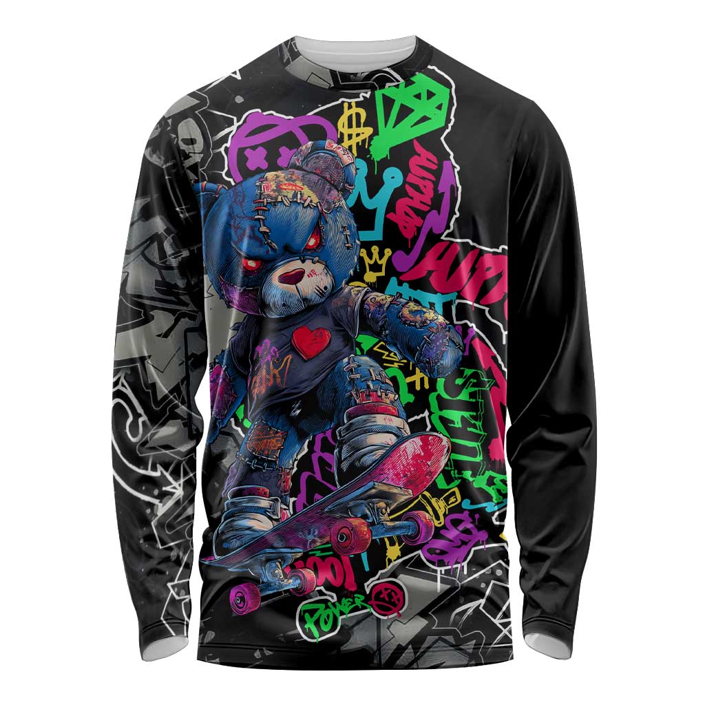Teddy Bear Hip Hop Graffiti Street Art Long Sleeve Shirt Crown Shades and Colorful Spray Paint Design - Wonder Print Shop