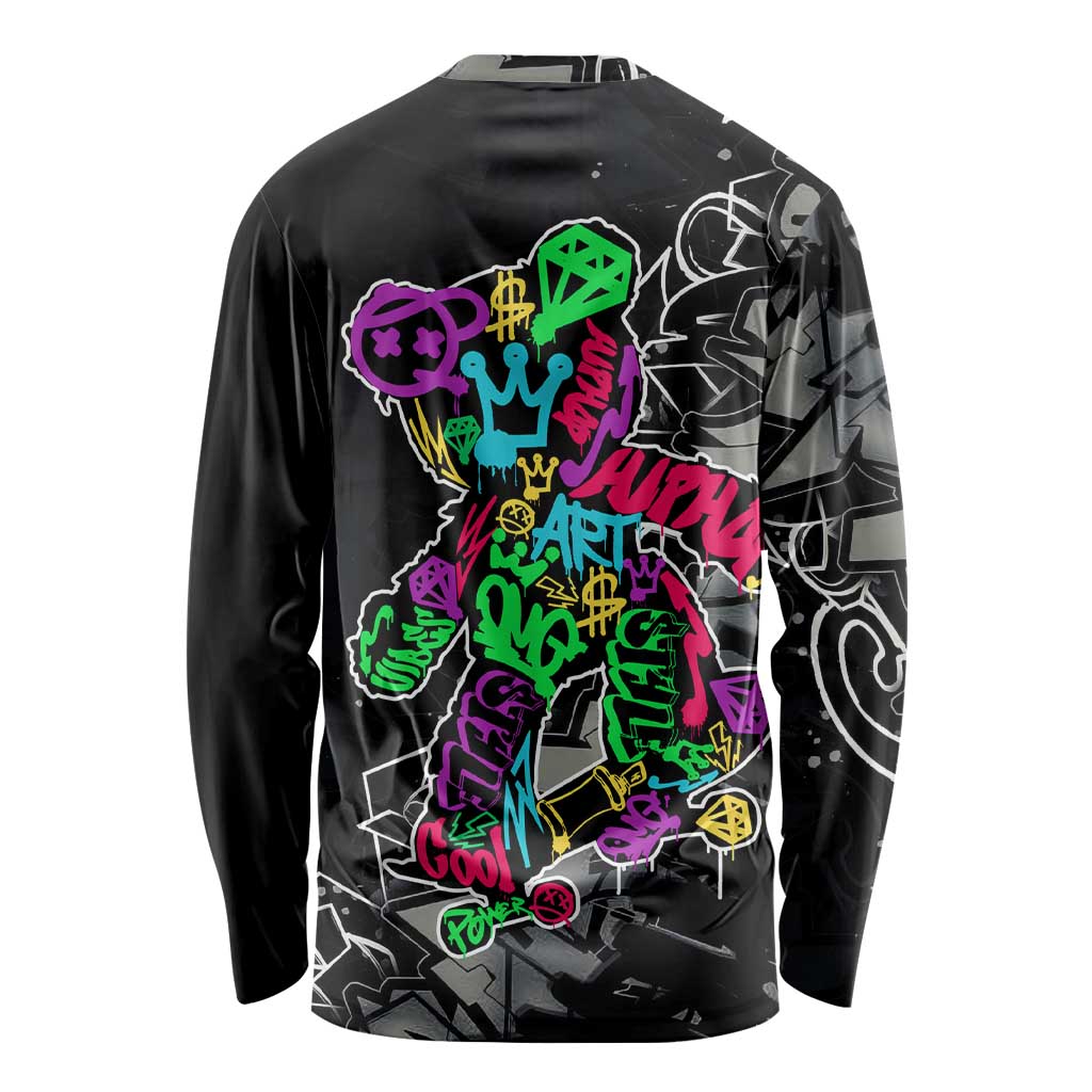 Teddy Bear Hip Hop Graffiti Street Art Long Sleeve Shirt Crown Shades and Colorful Spray Paint Design - Wonder Print Shop