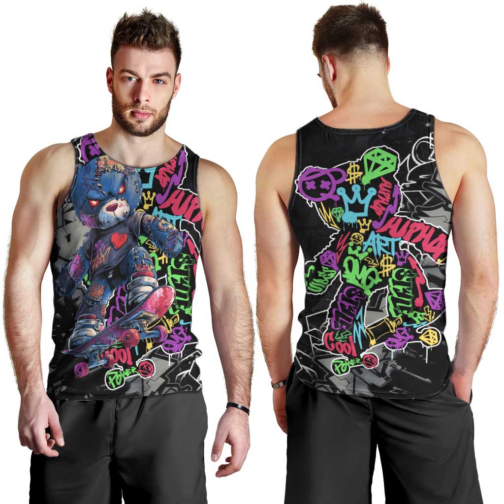 Teddy Bear Hip Hop Graffiti Street Art Men Tank Top Crown Shades and Colorful Spray Paint Design - Wonder Print Shop