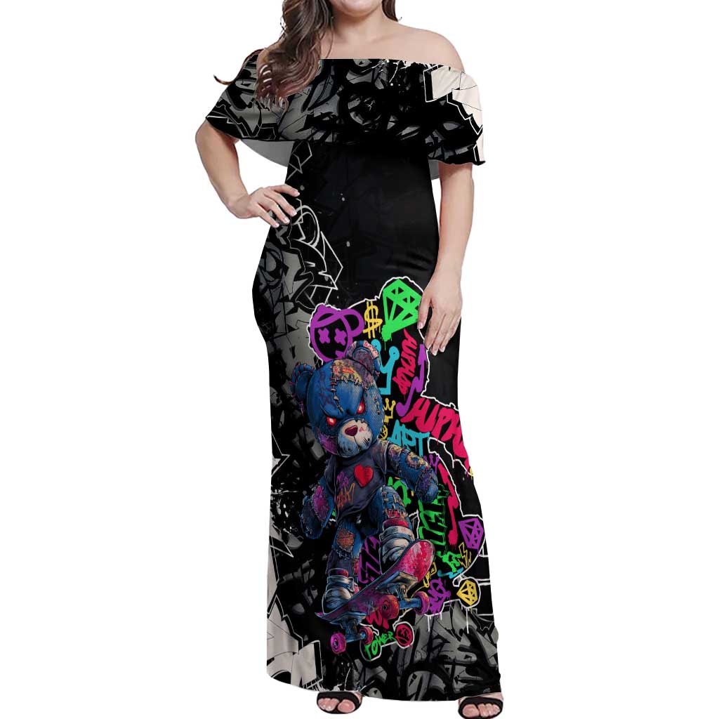 Teddy Bear Hip Hop Graffiti Street Art Off Shoulder Maxi Dress Crown Shades and Colorful Spray Paint Design - Wonder Print Shop