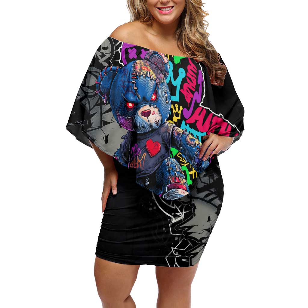 Teddy Bear Hip Hop Graffiti Street Art Off Shoulder Short Dress Crown Shades and Colorful Spray Paint Design - Wonder Print Shop