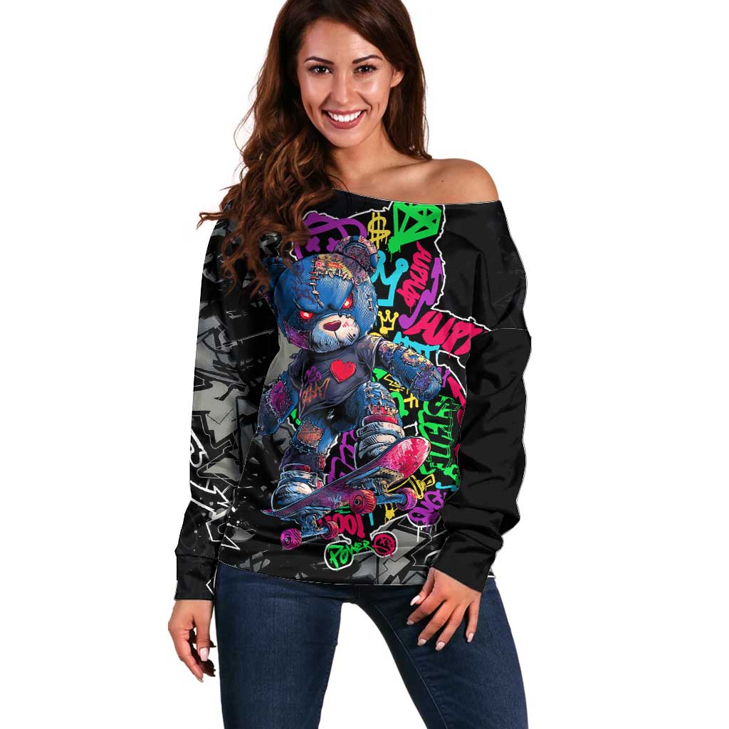 Teddy Bear Hip Hop Graffiti Street Art Off Shoulder Sweater Crown Shades and Colorful Spray Paint Design - Wonder Print Shop