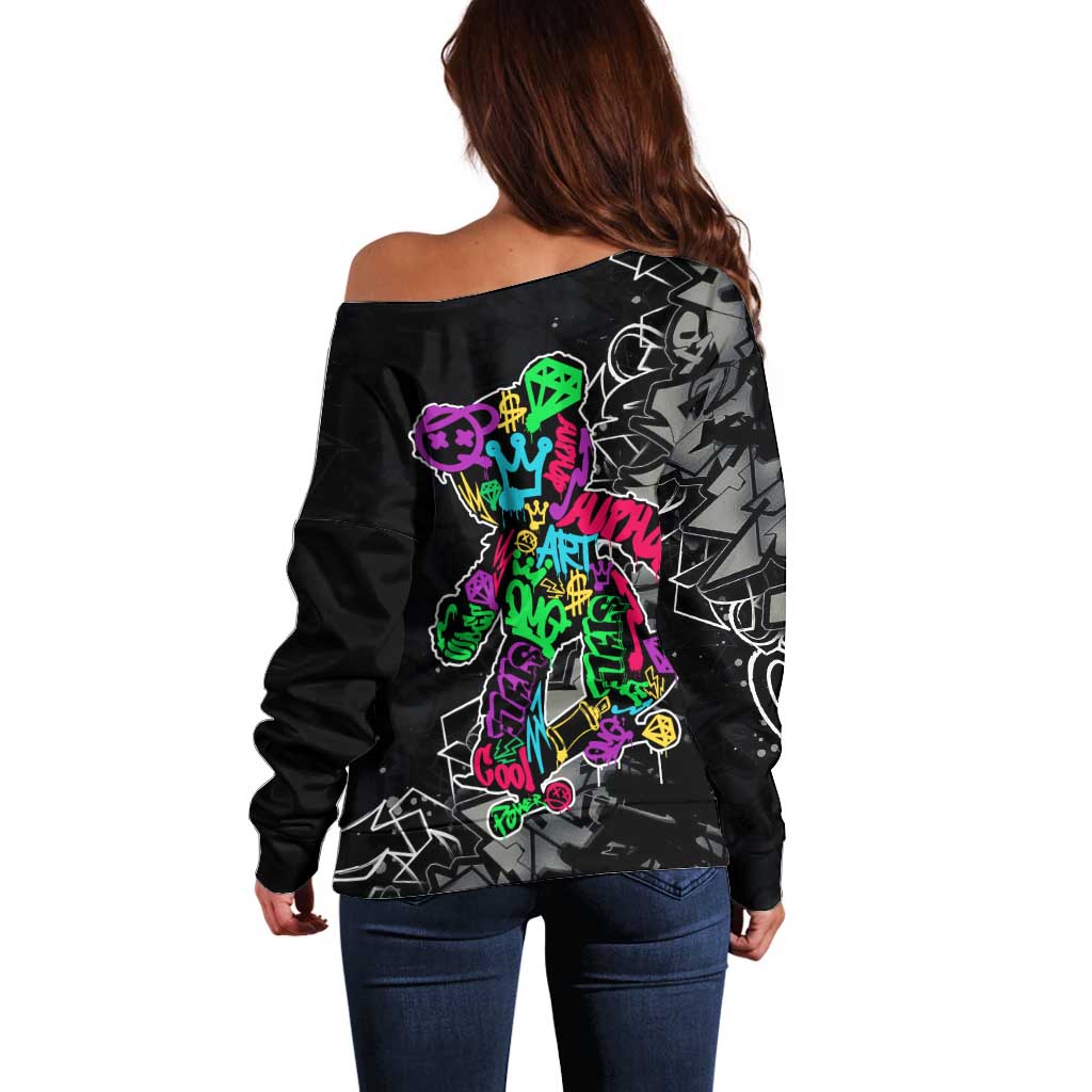 Teddy Bear Hip Hop Graffiti Street Art Off Shoulder Sweater Crown Shades and Colorful Spray Paint Design - Wonder Print Shop