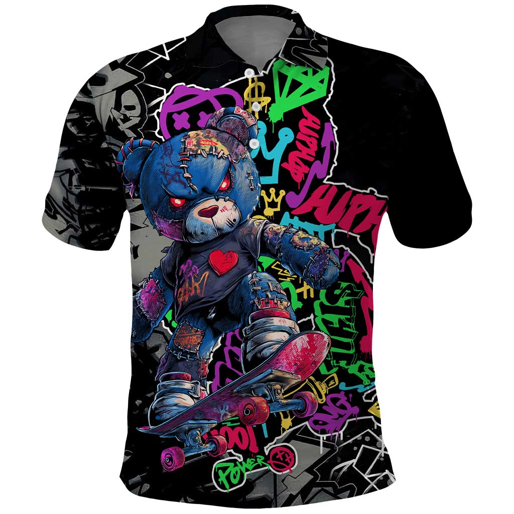 Teddy Bear Hip Hop Graffiti Street Art Polo Shirt Crown Shades and Colorful Spray Paint Design - Wonder Print Shop