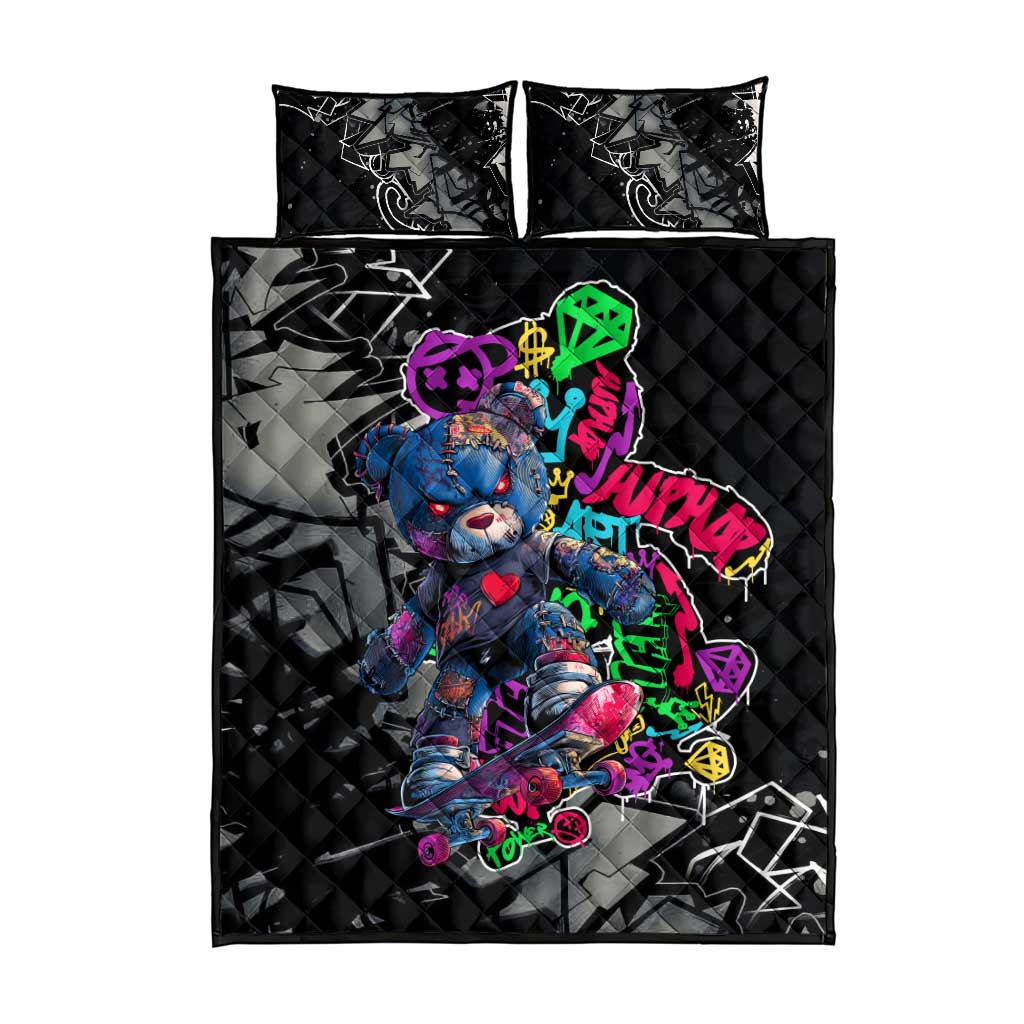 Teddy Bear Hip Hop Graffiti Street Art Quilt Bed Set Crown Shades and Colorful Spray Paint Design - Wonder Print Shop