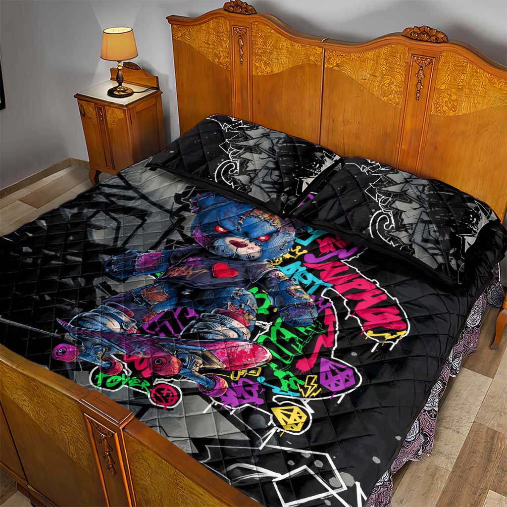 Teddy Bear Hip Hop Graffiti Street Art Quilt Bed Set Crown Shades and Colorful Spray Paint Design - Wonder Print Shop