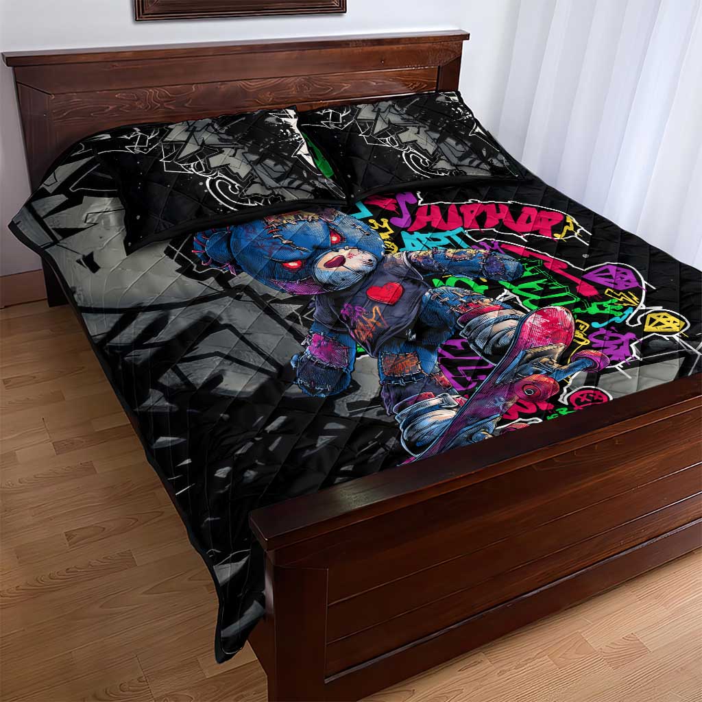 Teddy Bear Hip Hop Graffiti Street Art Quilt Bed Set Crown Shades and Colorful Spray Paint Design - Wonder Print Shop
