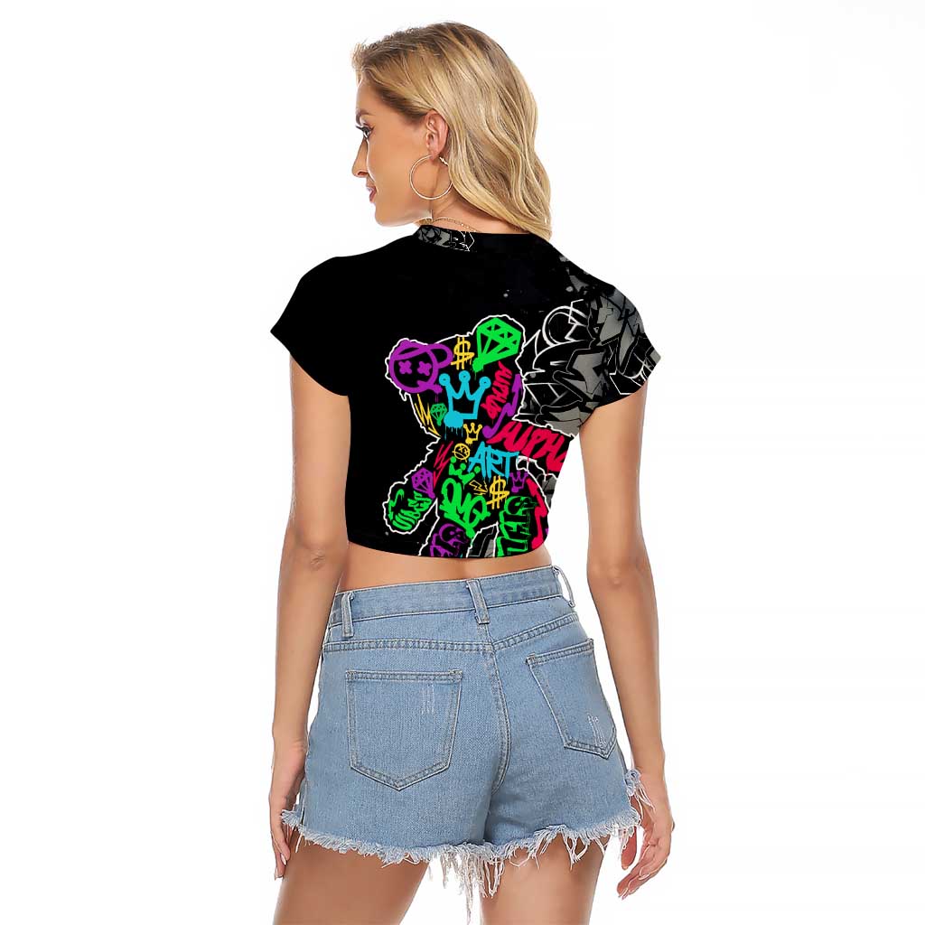 Teddy Bear Hip Hop Graffiti Street Art Raglan Cropped T Shirt Crown Shades and Colorful Spray Paint Design - Wonder Print Shop