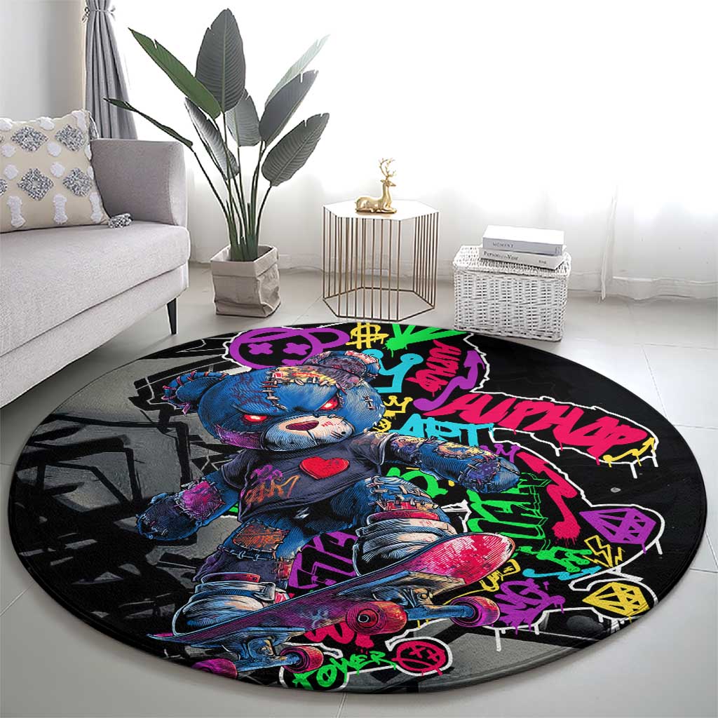 Teddy Bear Hip Hop Graffiti Street Art Round Carpet Crown Shades and Colorful Spray Paint Design - Wonder Print Shop
