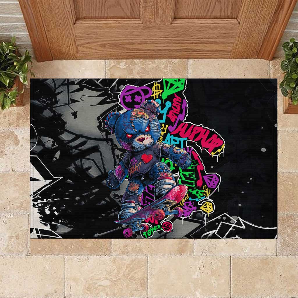 Teddy Bear Hip Hop Graffiti Street Art Rubber Doormat Crown Shades and Colorful Spray Paint Design - Wonder Print Shop