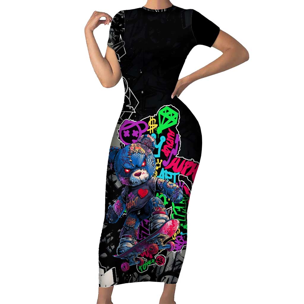 Teddy Bear Hip Hop Graffiti Street Art Short Sleeve Bodycon Dress Crown Shades and Colorful Spray Paint Design - Wonder Print Shop