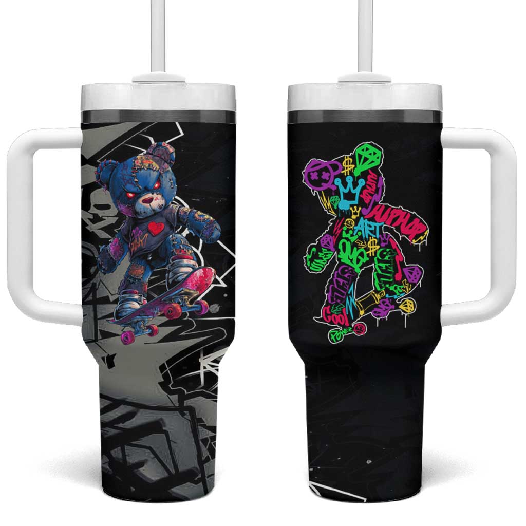Teddy Bear Hip Hop Graffiti Street Art Tumbler With Handle Crown Shades and Colorful Spray Paint Design - Wonder Print Shop