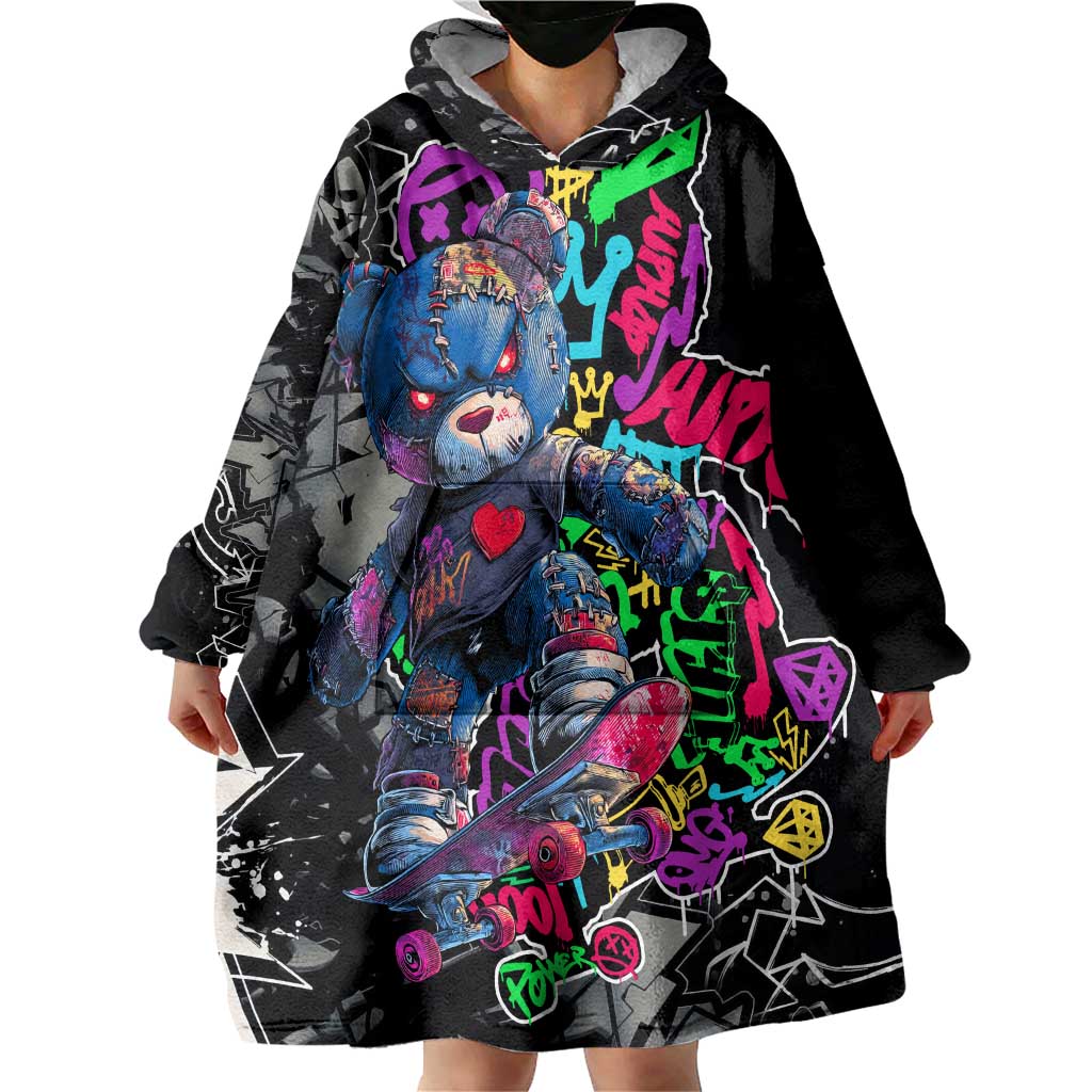 Teddy Bear Hip Hop Graffiti Street Art Wearable Blanket Hoodie Crown Shades and Colorful Spray Paint Design - Wonder Print Shop