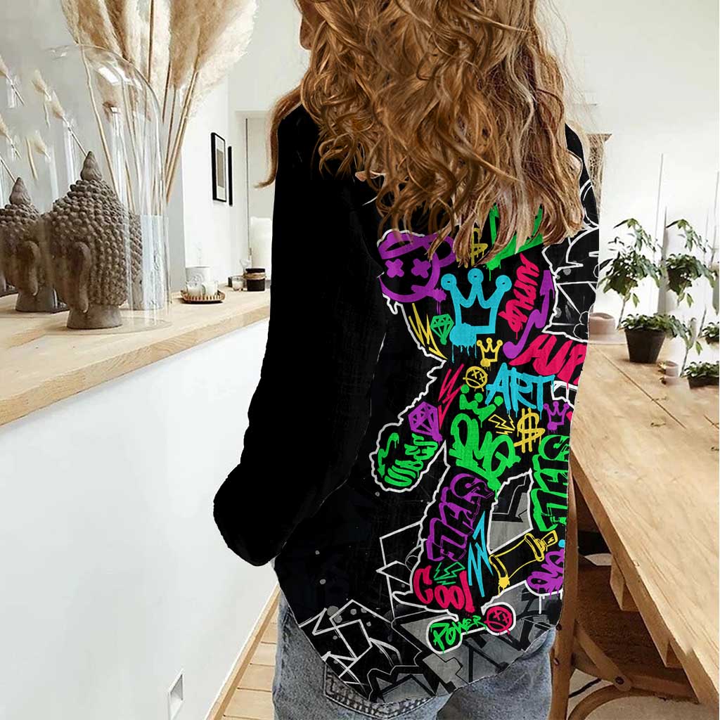 Teddy Bear Hip Hop Graffiti Street Art Women Casual Shirt Crown Shades and Colorful Spray Paint Design - Wonder Print Shop