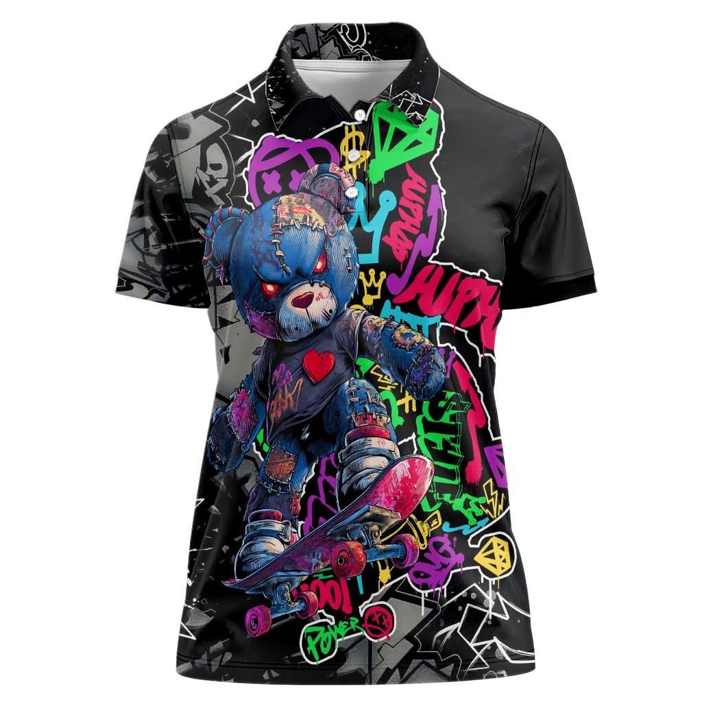 Teddy Bear Hip Hop Graffiti Street Art Women Polo Shirt Crown Shades and Colorful Spray Paint Design - Wonder Print Shop