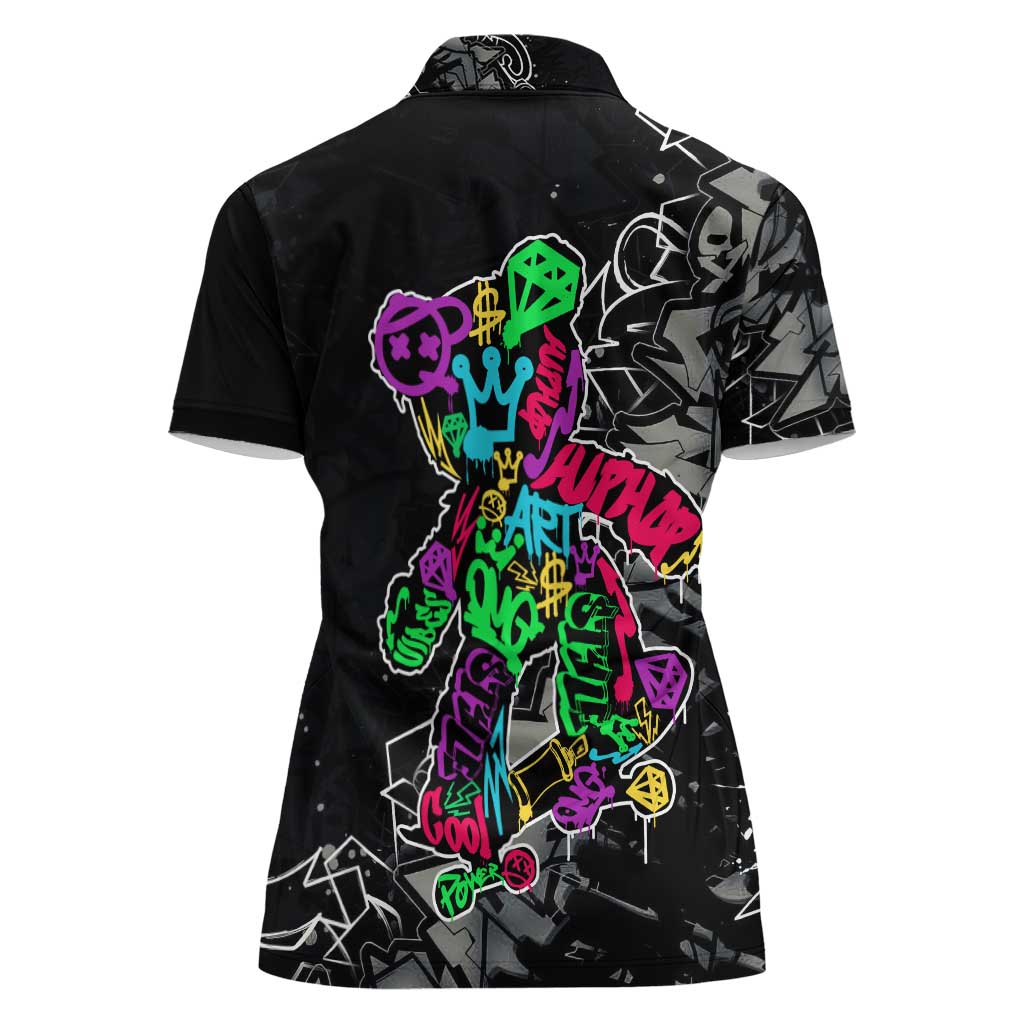 Teddy Bear Hip Hop Graffiti Street Art Women Polo Shirt Crown Shades and Colorful Spray Paint Design - Wonder Print Shop