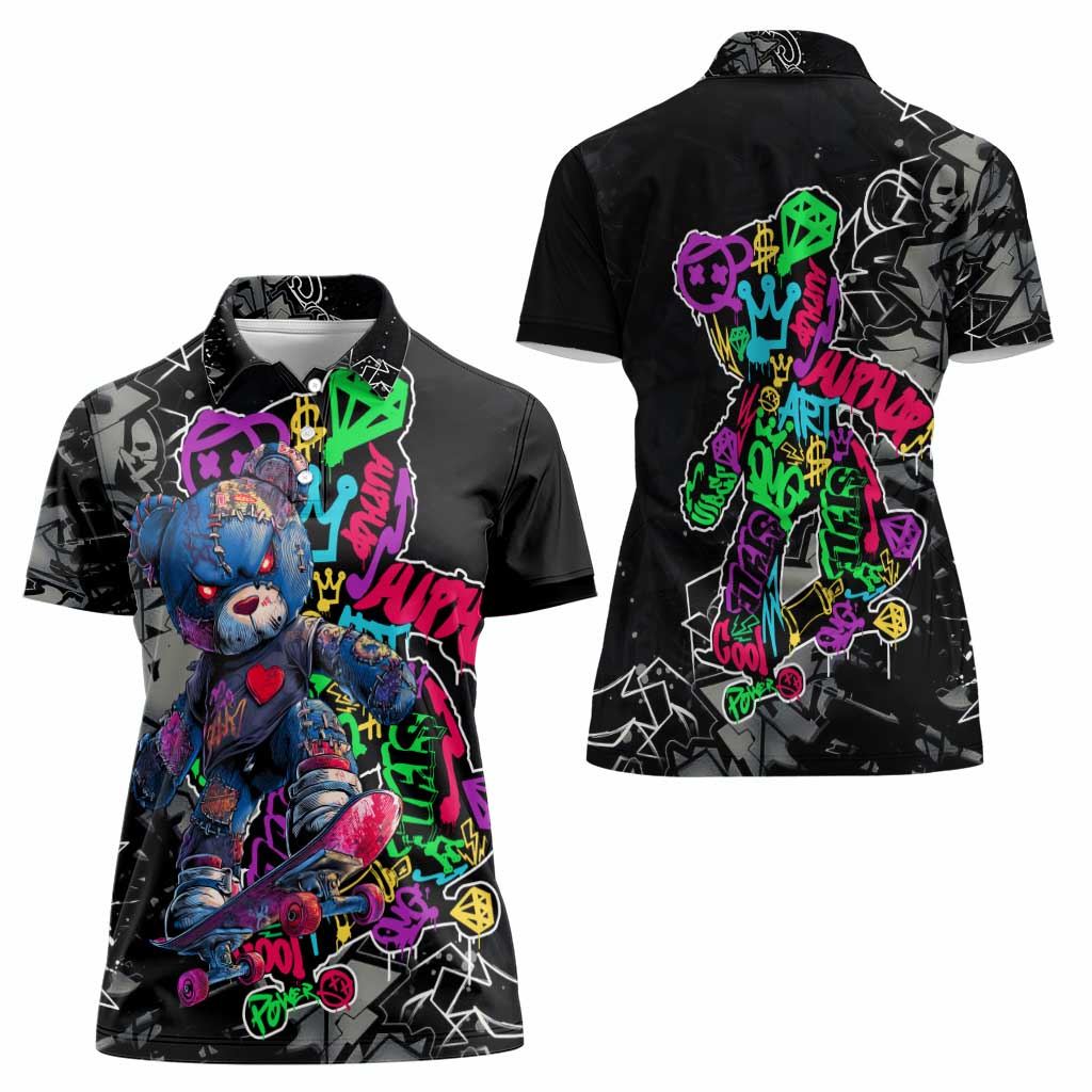 Teddy Bear Hip Hop Graffiti Street Art Women Polo Shirt Crown Shades and Colorful Spray Paint Design - Wonder Print Shop